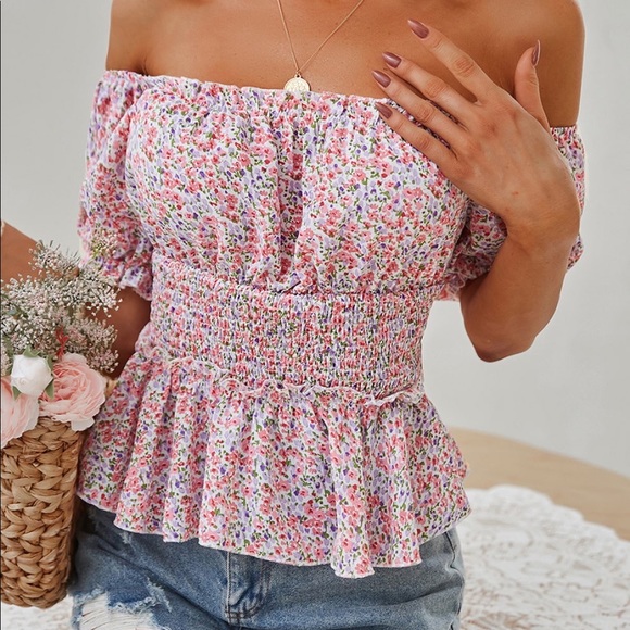 Ditsy Floral Smocked Flounce Sleeve Peplum Blouse - Picture 2 of 4